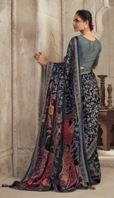 Exquisite Contrasting Black Floral Organza saree with beautiful print, piping work or tassels on pallu | party wear saree | Festive saree